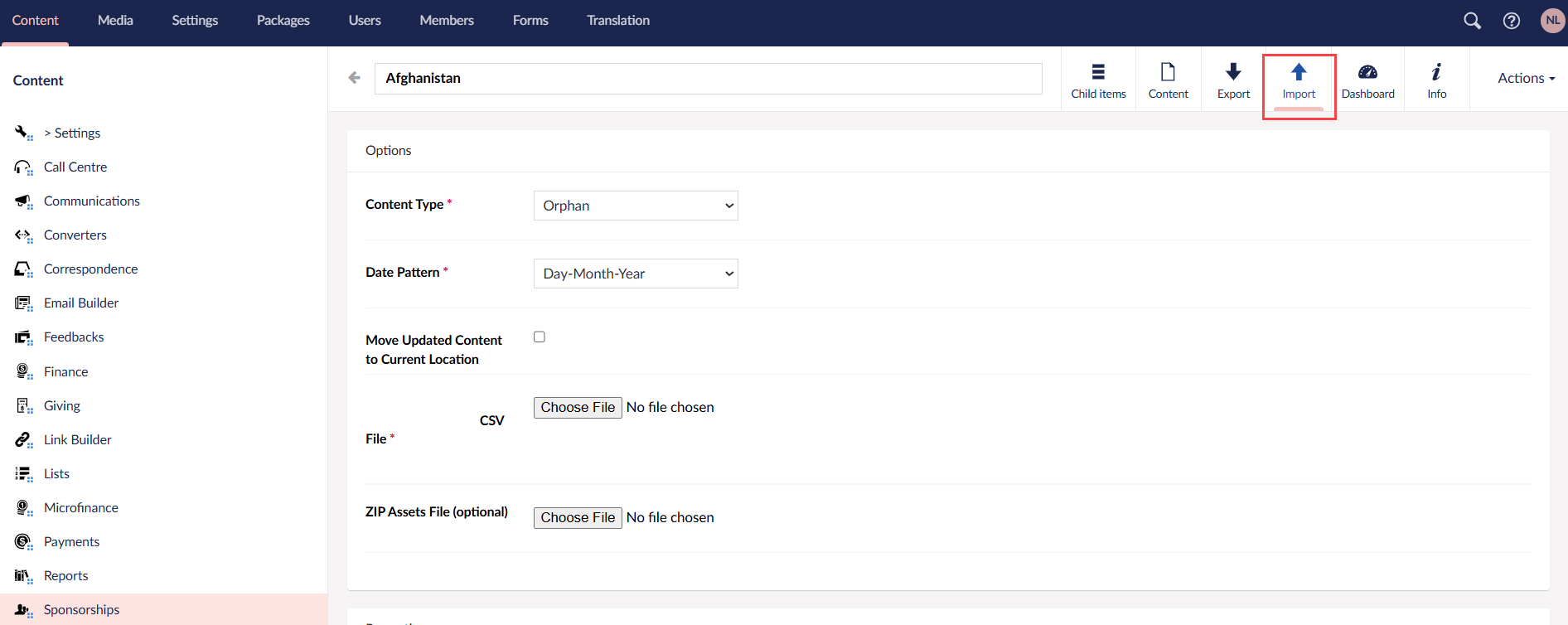 click import and select content