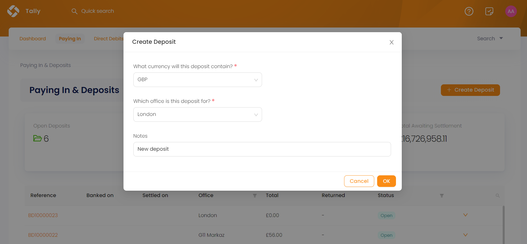 create deposit manually