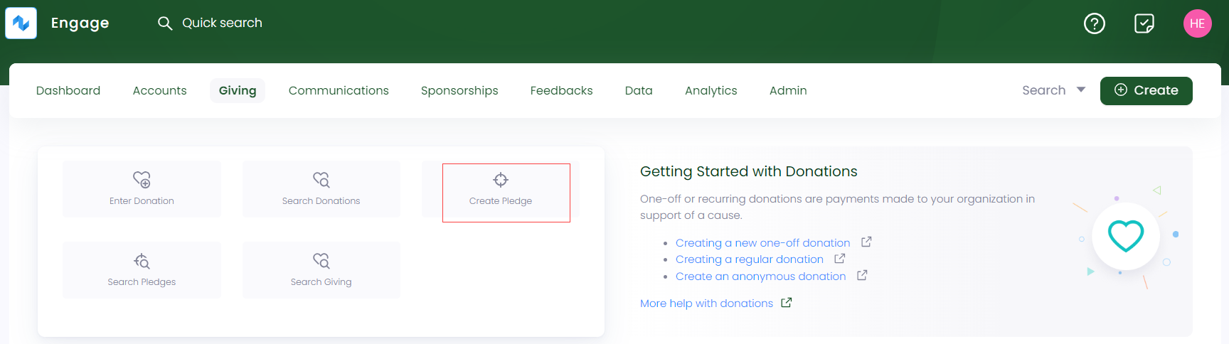 Create Pledge Quick Navigation