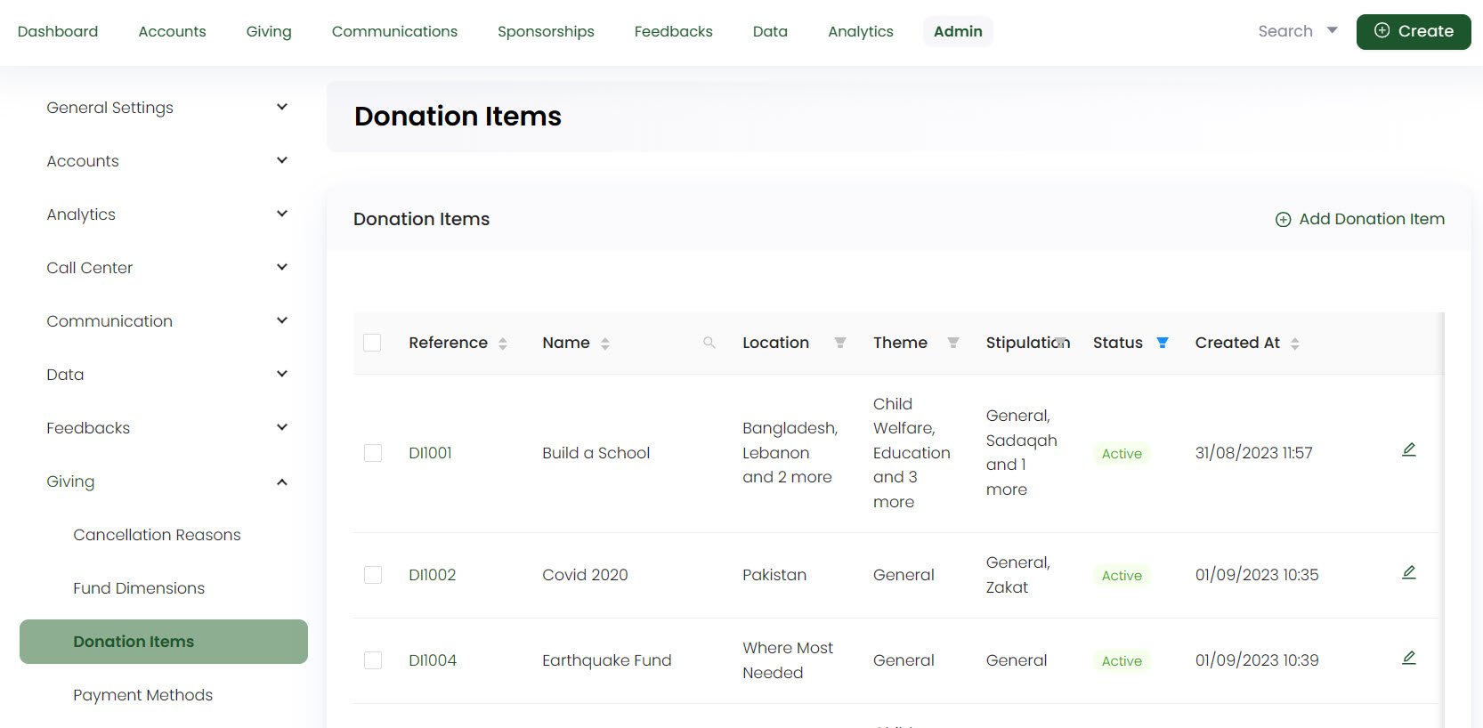 Donation items screen in Engage