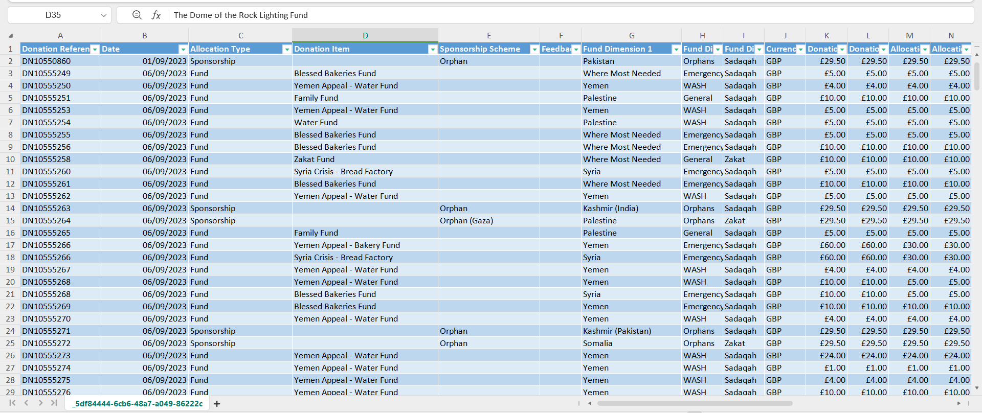 donation summary excel file