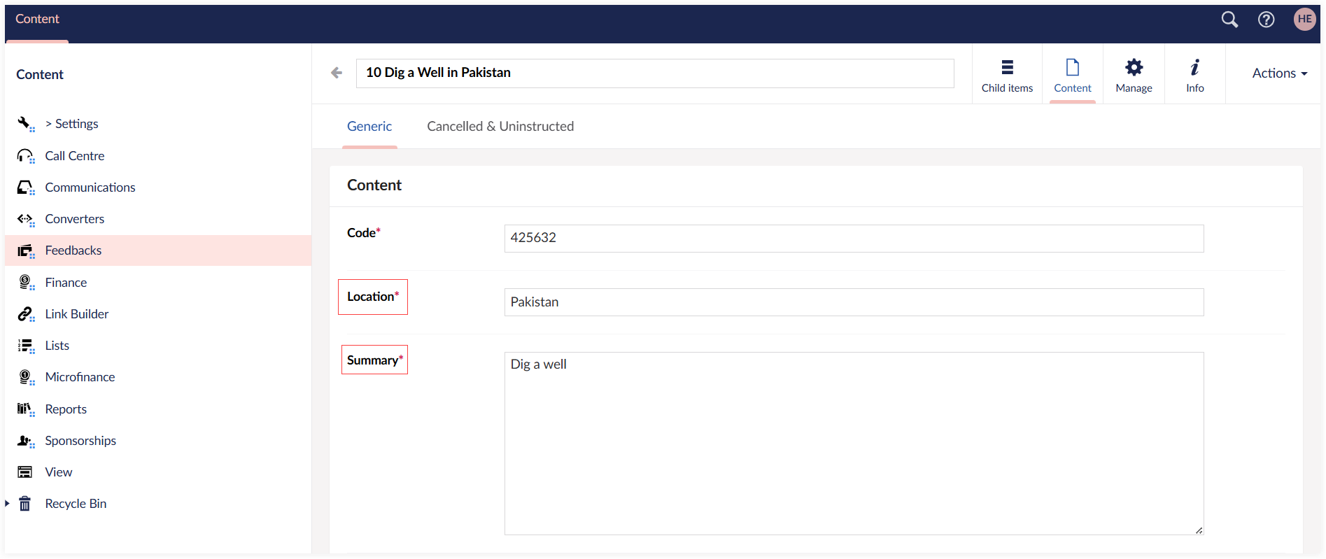 fields on umbraco project screen