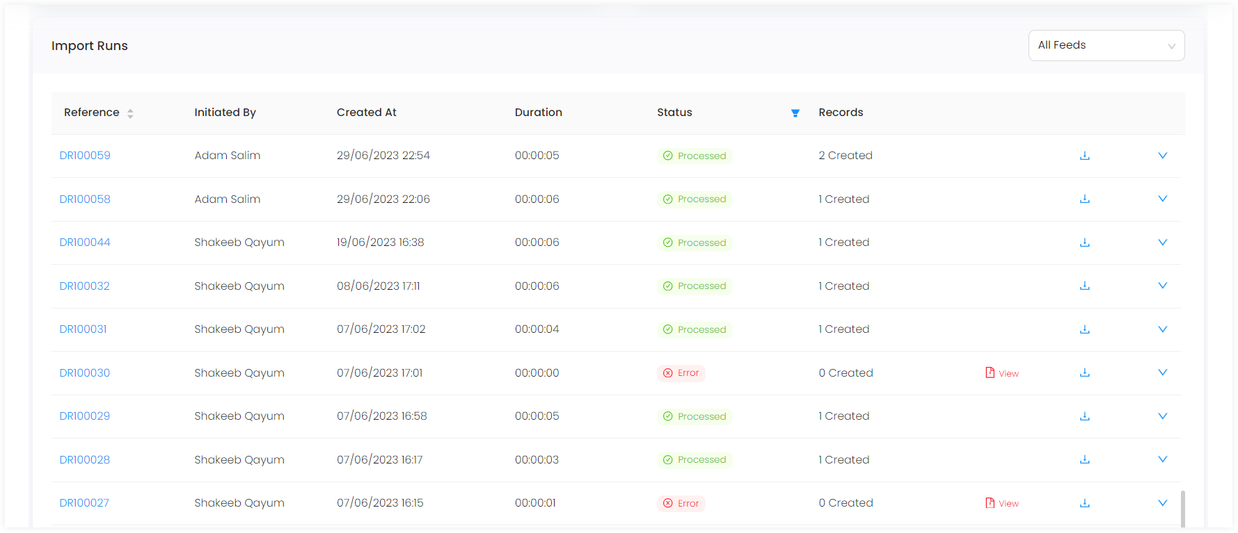 imported data runs section