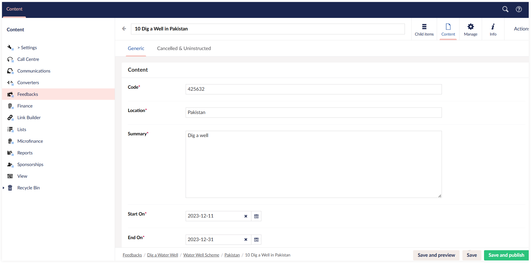 Input project parameters