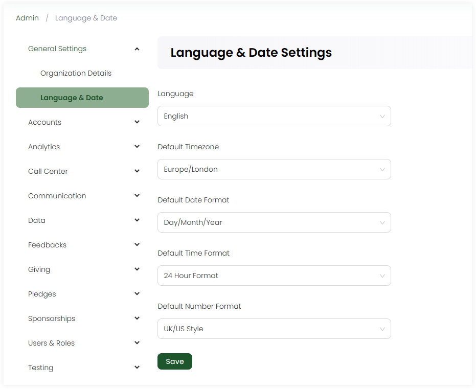 Language and Date settings