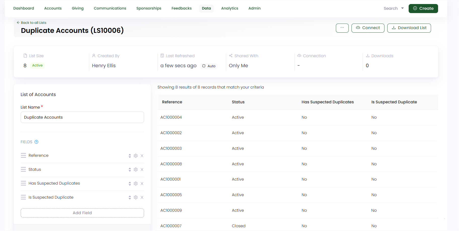 list to show updated accounts
