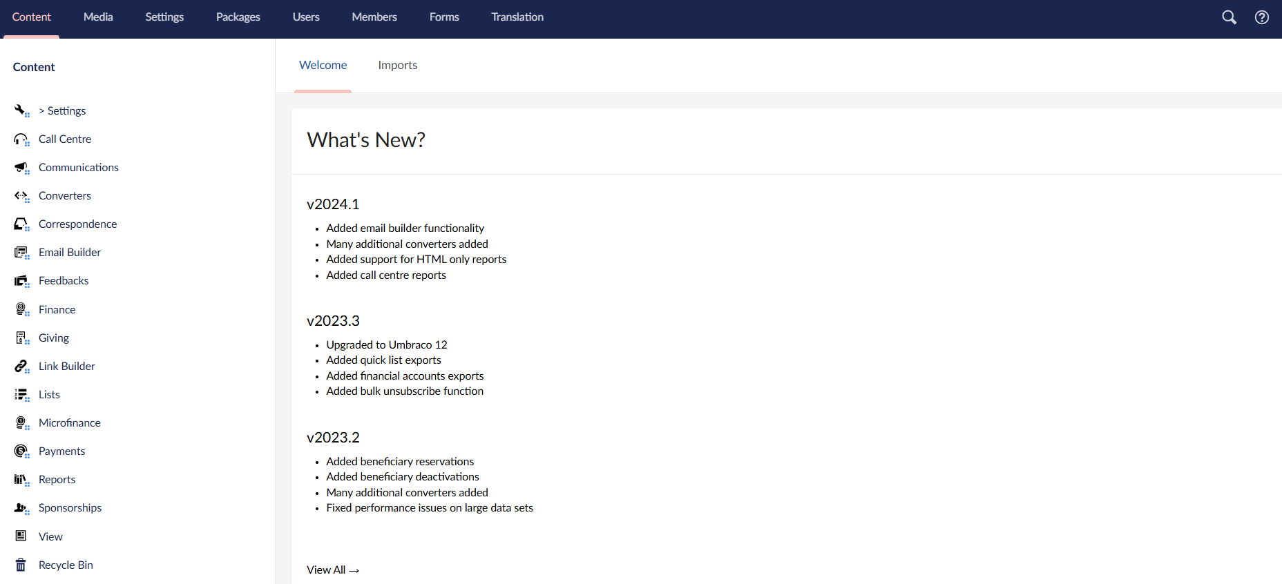 main umbraco dashboard