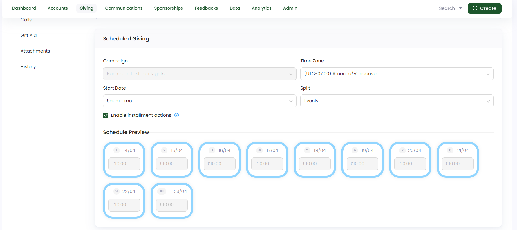 scheduled giving section