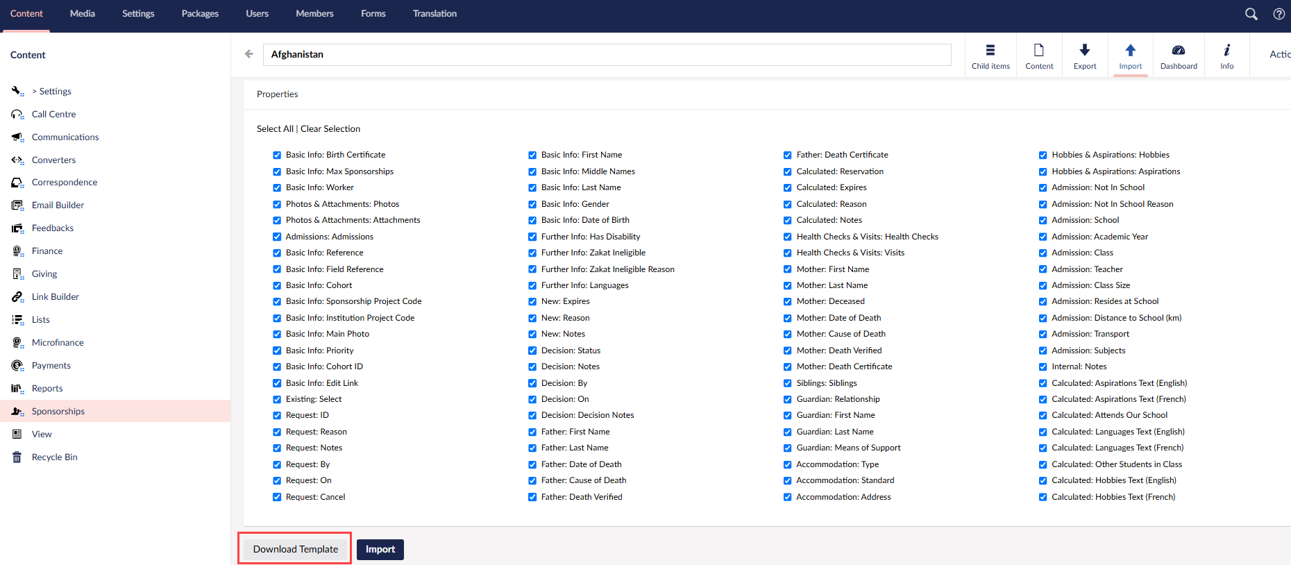 select properties and download template