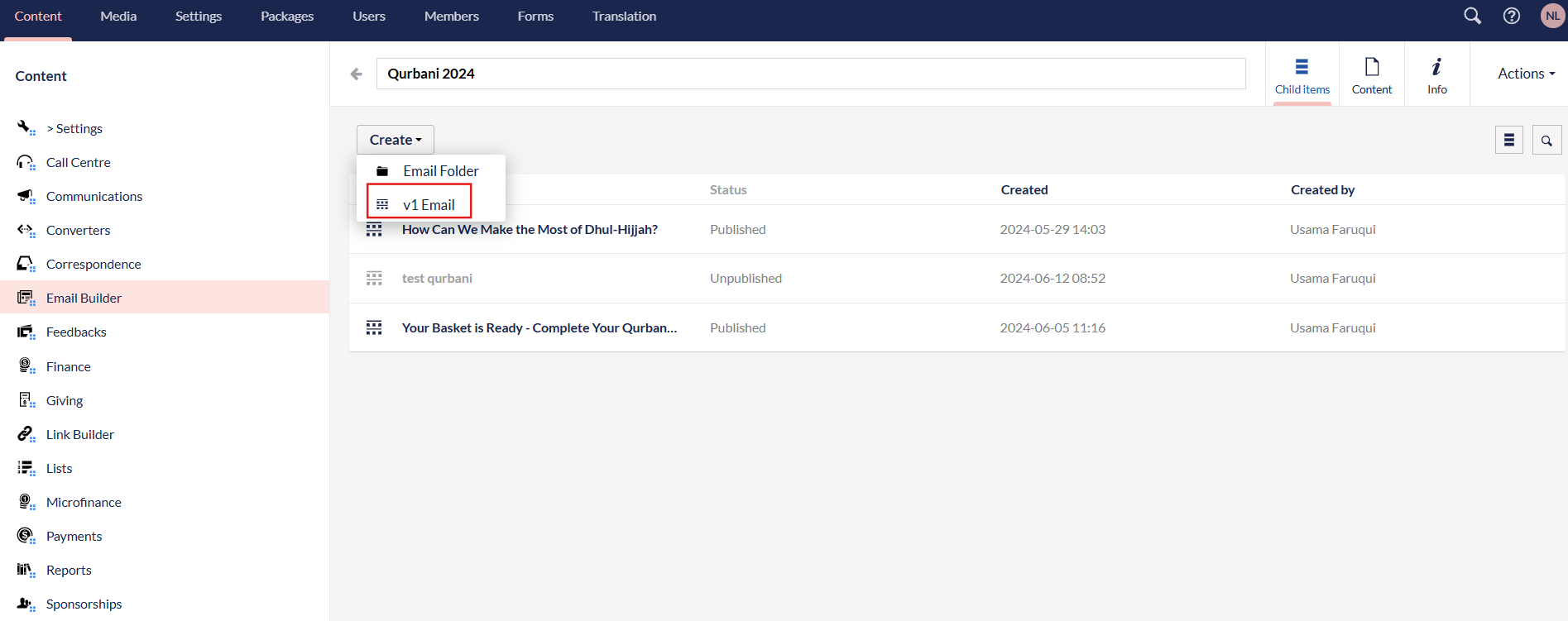 select the v1 email option