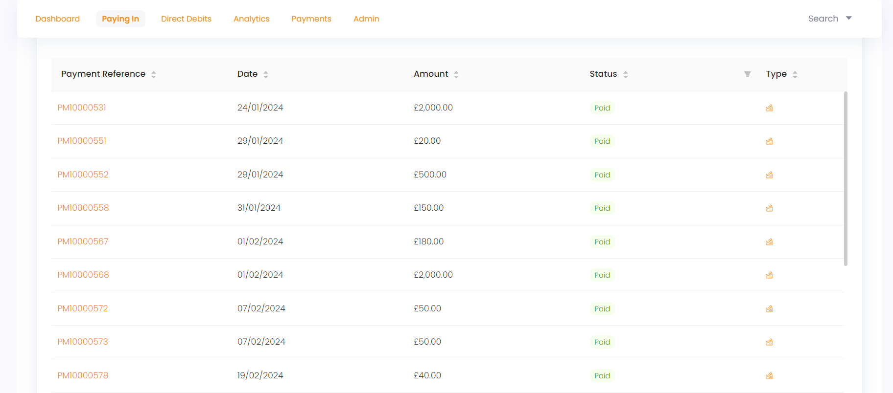 show payments table