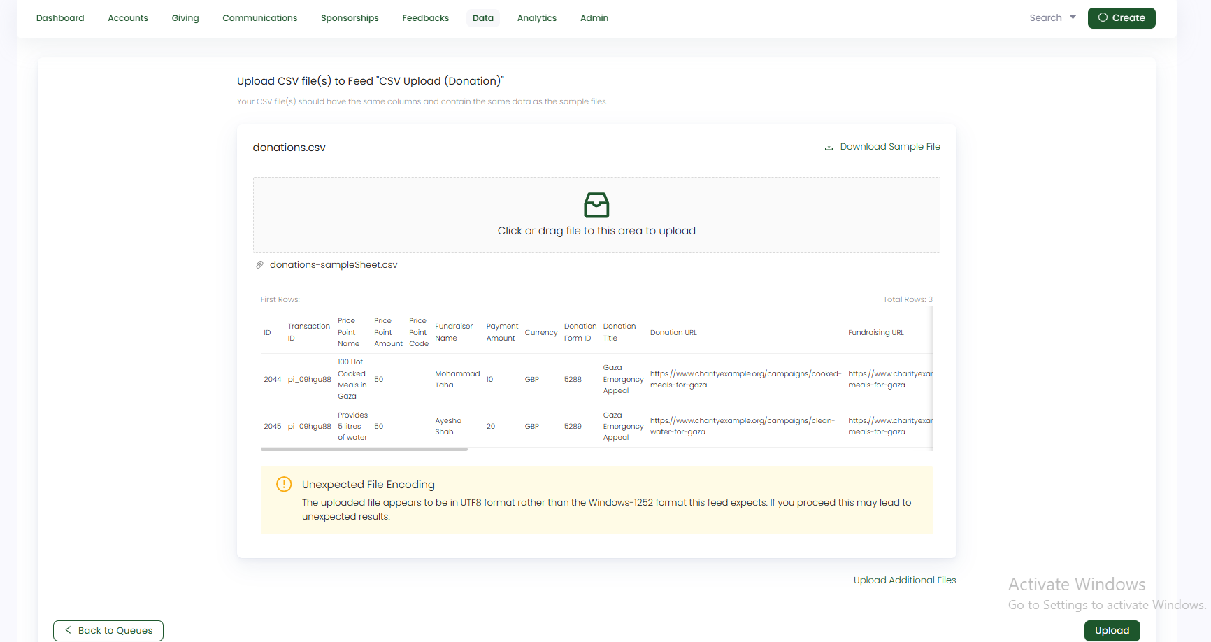 upload the donations sheet